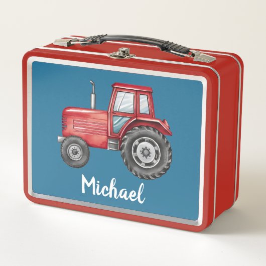 可愛パーソナライズされたい赤トラクターファーム水の色キッズ メタルランチボックス