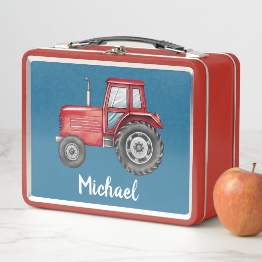 可愛パーソナライズされたい赤トラクターファーム水の色キッズ メタルランチボックス (インサイチュ)