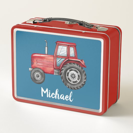 可愛パーソナライズされたい赤トラクターファーム水の色キッズ メタルランチボックス (裏面)