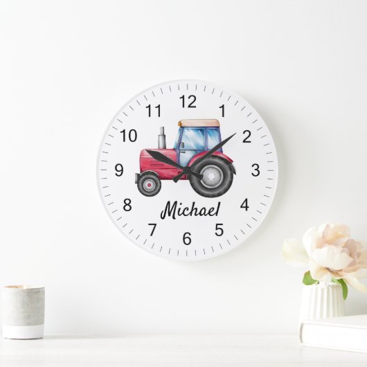 可愛パーソナライズされたい赤トラクターファーム水の色キッズ ラージ壁時計 (ホーム)
