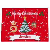 可愛パーソナライズされたい赤メリークリスマスジングルベル ラージペーパーバッグ (正面)