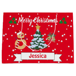 可愛パーソナライズされたい赤メリークリスマスジングルベル ラージペーパーバッグ