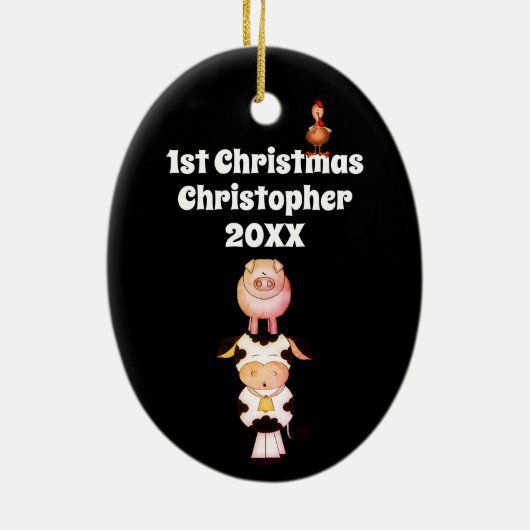可愛パーソナライズされたい農園動物1stクリスマス セラミックオーナメント (裏面)