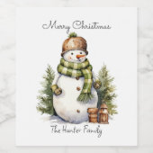 可愛パーソナライズされたい雪だるまウォーター色クリスマス ワインラベル (シングルラベル)