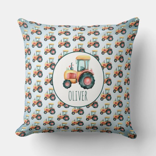 可愛パーソナライズされたい黄色のトラクターパターン クッション (正面)