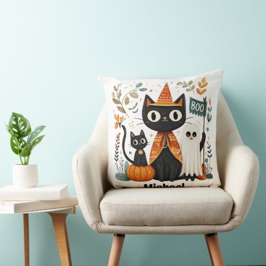 可愛パーソナライズされたい黒猫と幽霊ハロウィン クッション (椅子)
