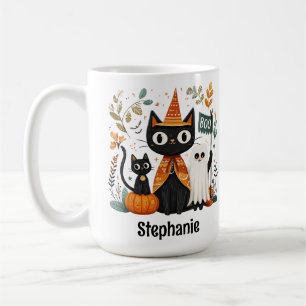 可愛パーソナライズされたい黒猫と幽霊ハロウィン コーヒーマグカップ
