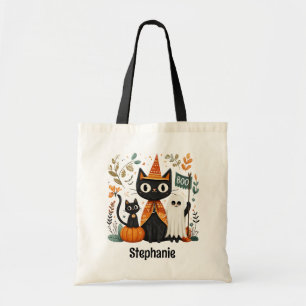可愛パーソナライズされたい黒猫と幽霊ハロウィン トートバッグ