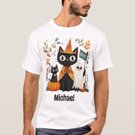 可愛パーソナライズされたい黒猫と幽霊ハロウィン Tシャツ