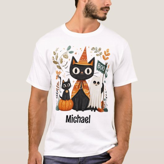 可愛パーソナライズされたい黒猫と幽霊ハロウィン Tシャツ (正面)