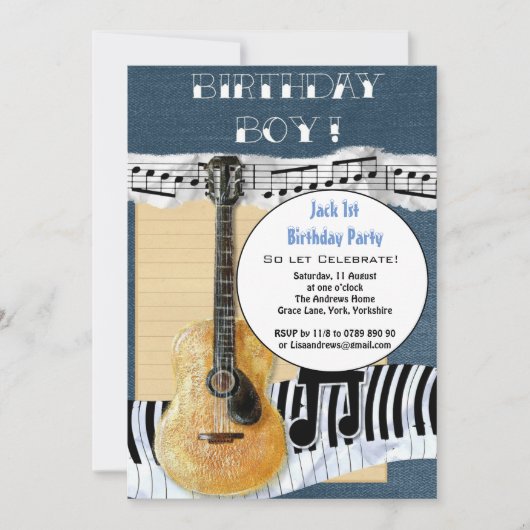 可愛パーソナライズされたい1歳の誕生日ボーイパーティーギター 招待状 (正面)