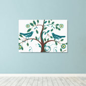 可愛ファンキーいティール（緑がかった色）ヴィンテージラブバード渦巻形のツリー キャンバスプリント (インサイチュ (ウッドフロア))