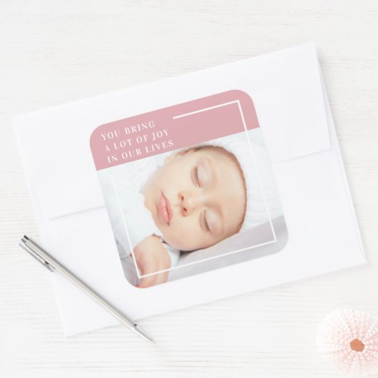 可愛ファンシーいベビー写真 |ピンクと白 |引用文 スクエアシール (封筒)