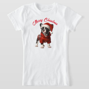 可愛フランスのいブルドッグとサンタハット Tシャツ