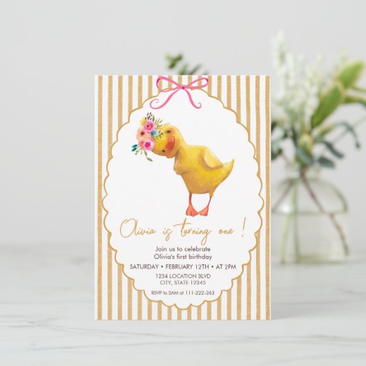 可愛ミニマルいアヒル誕生日招待状 招待状 (スタンド正面)