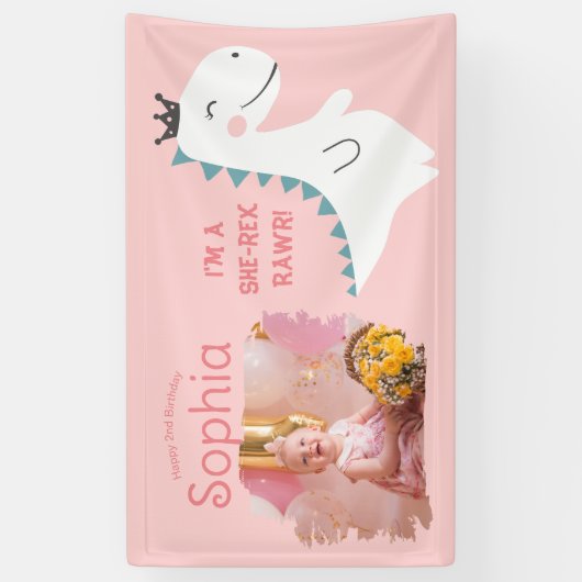 可愛ミニマルいガーリー赤面ピンクフォトディノ誕生日 横断幕 (縦)