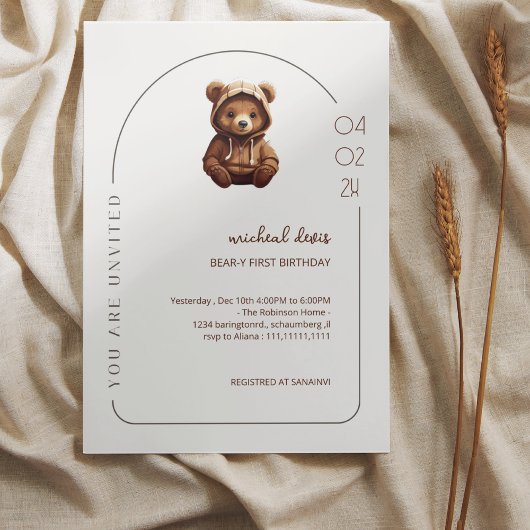可愛ミニマルいフォトベアー – y最初のベビー誕生日 招待状