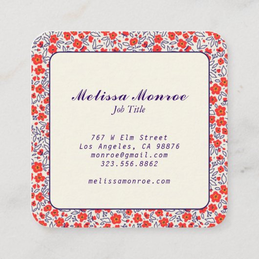 可愛ミニマルい小さな赤い花タイポグラフィ スクエア名刺 (裏面)
