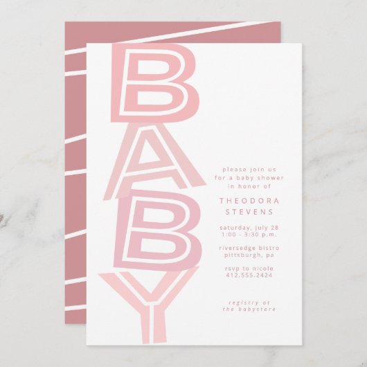 可愛モダンいはっきりしたピンクの女の子シャワー 招待状 (正面/裏面)