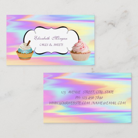 可愛モダンいカップケーキベーカリーホログラフィカラフルック 名刺 (正面/裏面)