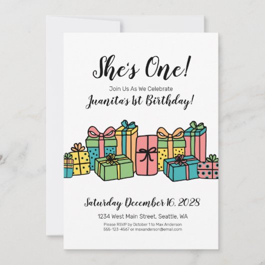 可愛モダンいカラフル1歳の誕生日 招待状 (正面)