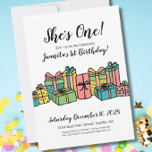 可愛モダンいカラフル1歳の誕生日 招待状