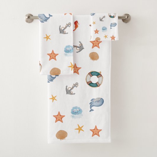 可愛モダンいキッズネイビー海スターフィッシュブルー バスタオルセット (インサイチュ)