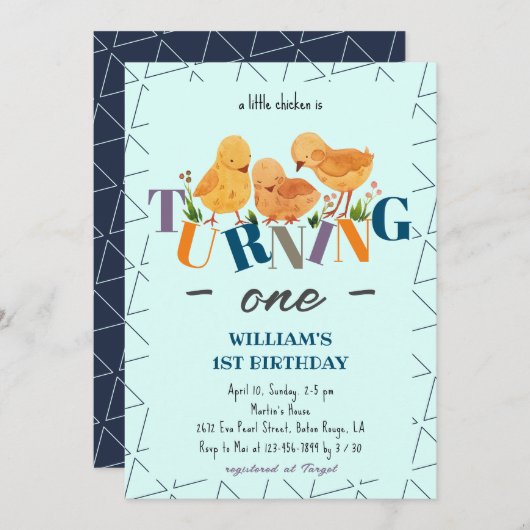 可愛モダンいチキンファミリーボーイ1歳の誕生日 招待状 (正面/裏面)