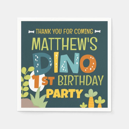 可愛モダンいディノ恐竜キッド誕生日ありがとう スタンダードカクテルナプキン (正面)