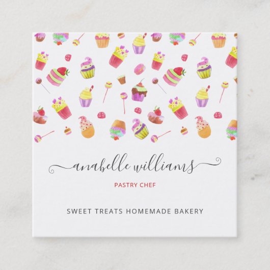 可愛モダンいデザートのケーキベーカリーパティシエ スクエア名刺 (正面)