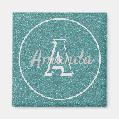 可愛モダンいトレンディーティール（緑がかった色）グリッターネームモノグラムマグン マグネット (正面)