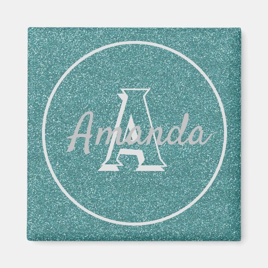 可愛モダンいトレンディーティール（緑がかった色）グリッターネームモノグラムマグン マグネット (正面)