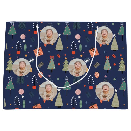 可愛モダンいネイビーおもしろいルのクリスマス ラージペーパーバッグ (正面)