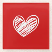 可愛モダンいハート白と赤のミニマルエレガント ガラスコースター (正面)