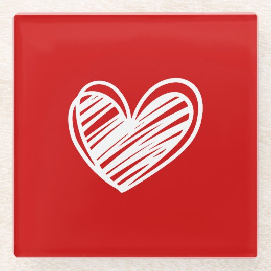 可愛モダンいハート白と赤のミニマルエレガント ガラスコースター (正面)