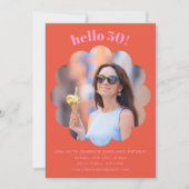 可愛モダンいピンクのオレンジ50th誕生日パーティーの写真 招待状 (正面)