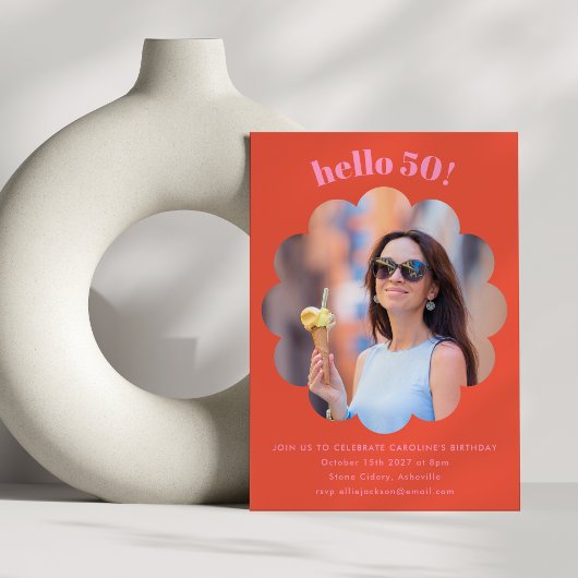 可愛モダンいピンクのオレンジ50th誕生日パーティーの写真 招待状