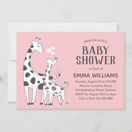 可愛モダンいピンクの動物キリンの女の子の赤ちゃんシャワー 招待状 (正面)