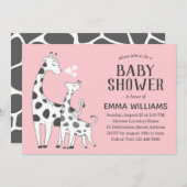 可愛モダンいピンクの動物キリンの女の子の赤ちゃんシャワー 招待状 (正面/裏面)