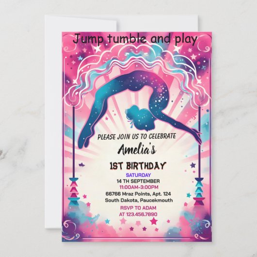 可愛モダンいピンクの女の子体操10歳の誕生日 招待状 (正面)