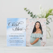 可愛モダンいフォトブルークラウド9赤ちゃんシャワー 招待状 (スタンド正面)