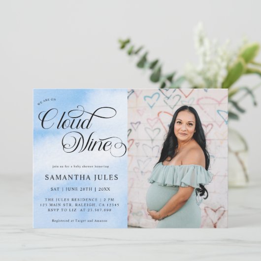 可愛モダンいフォトブルークラウド9赤ちゃんシャワー 招待状 (スタンド正面)