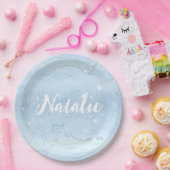 可愛モダンいブルーグリッター大理石パーソナライズされた名 ペーパープレート (パーティー)