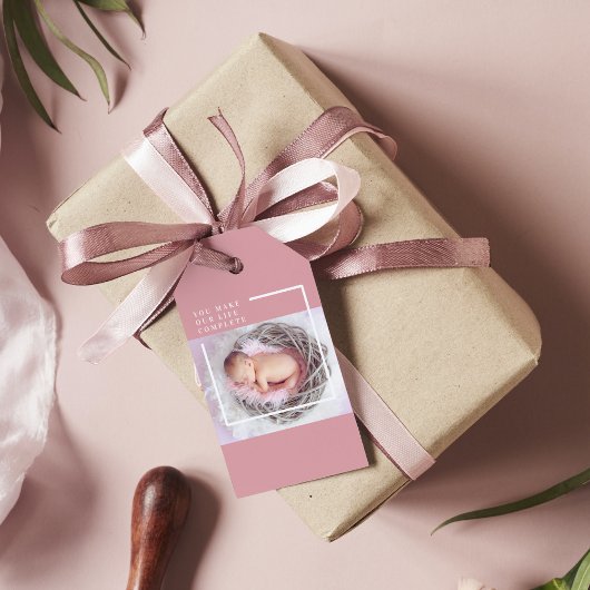 可愛モダンいベビー写真 |ピンクと白 |引用文 ギフトタグ