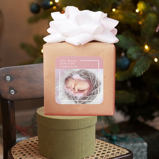 可愛モダンいベビー写真 |ピンクと白 |引用文 スクエアシール