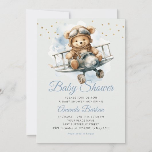 可愛モダンいボホブルーのテディベア男の子の赤ちゃんシャワー 招待状 (正面)