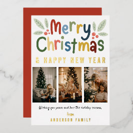 可愛モダンいメカラフルリークリスマス家族の写真 箔シーズンカード