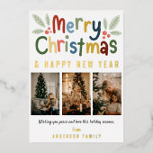 可愛モダンいメカラフルリークリスマス家族の写真 箔シーズンカード (正面)