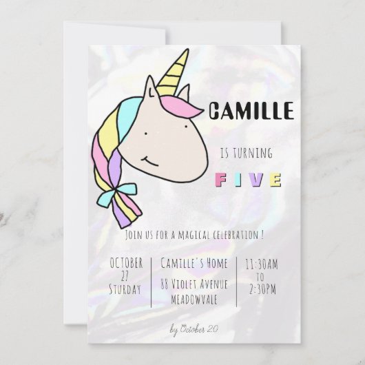 可愛モダンいユニコーン手描き誕生日 招待状 (正面)