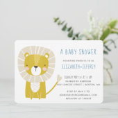 可愛モダンいライオン男の赤ちゃんブルーイエロー 招待状 (スタンド正面)